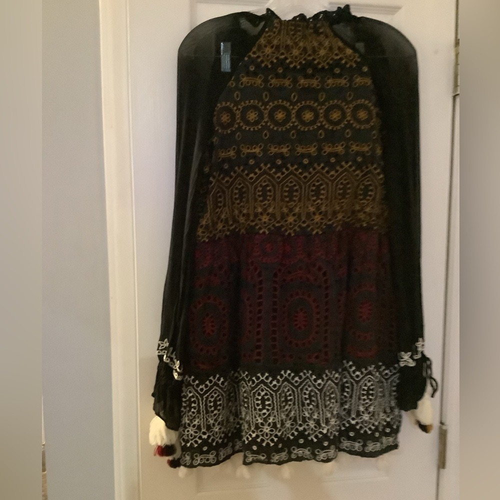 Hemant & Nandita Embroidered Eyelet Tassel Mini Dress Black‎ Multi Boho S